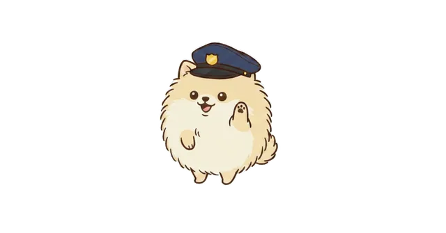 警察官の帽子をかぶったポメラニアンのイラスト